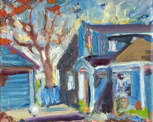 Painting of a blue two story house with additions and separate blue building, a tree with orange leaves in between