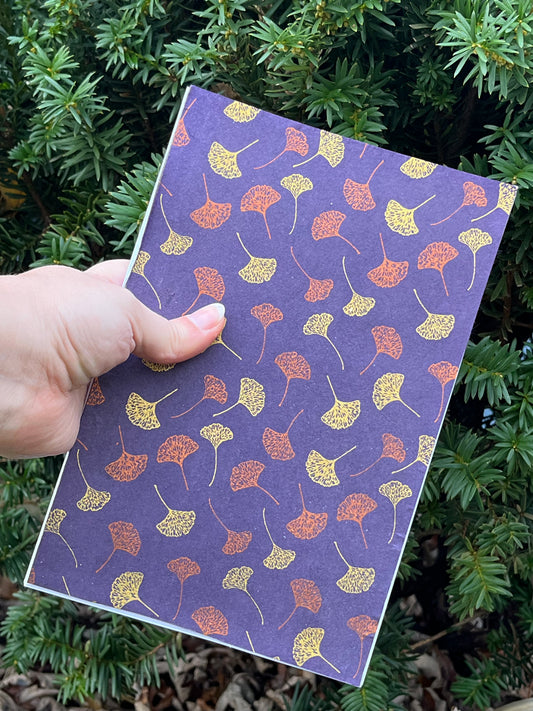 Softback Notebook Purple Mulberry Screen Printed with Ginkgo Leaves